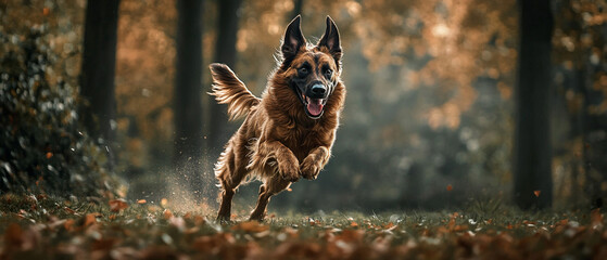 Obraz premium Belgian Tervuren Dog Running Through Woods Detailed Stock Photo