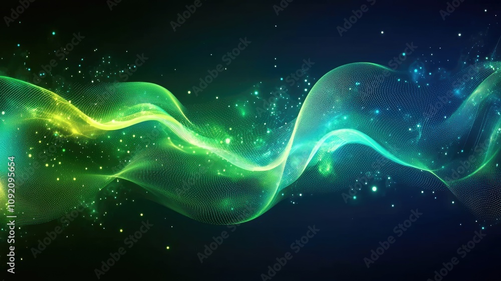 Poster abstract green and blue glowing particles swirling in a dynamic wave pattern, evoking innovation in 