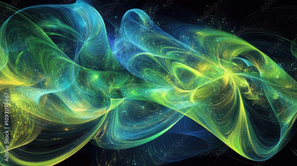Poster abstract green and blue glowing particles swirling in a dynamic wave pattern, evoking innovation in 
