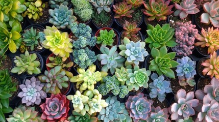 A collection of succulents in small pots, arranged in a grid pattern.