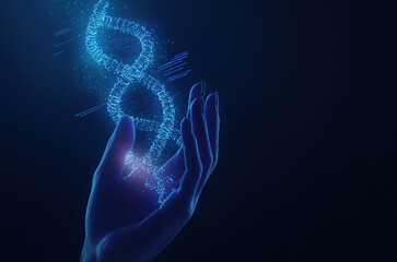 Glowing digital DNA strand hovers above a futuristic hand made of particles, symbolizing innovation in genetics, technology, and biotechnology