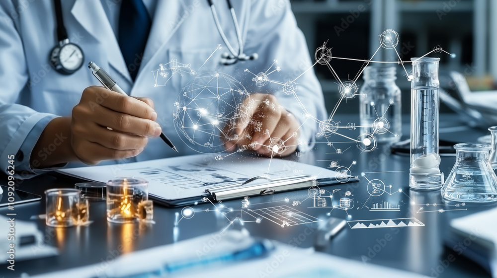 Poster Scientist writing notes with data visualization and laboratory equipment