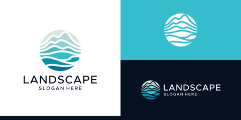 Landscape design logo. abstract mountain logo with sea water design in colorful style. vector symbol icon