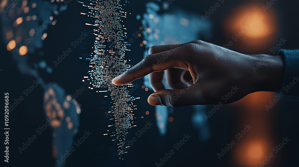 Poster close up of hands interacting with digital screen, exploring data
