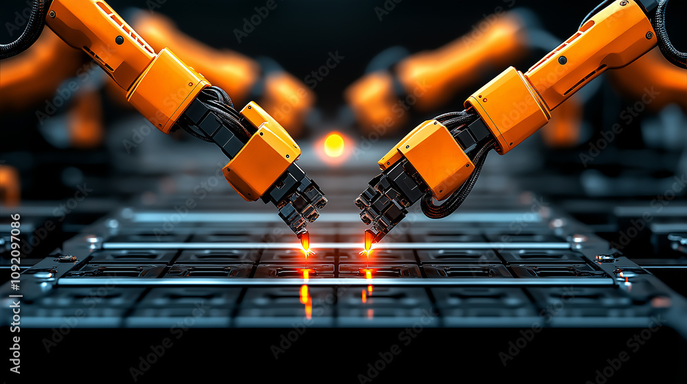 Fototapete Robotic assembly line with modern robots performing tasks efficiently