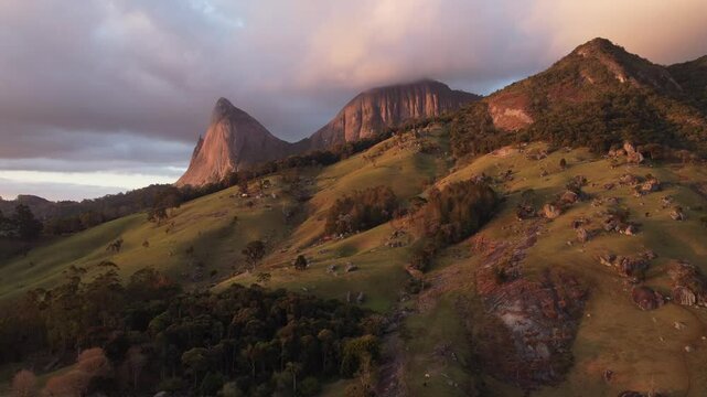Aerial footage of an amazingly beautiful sunset in Pedra Azul, Espirito Santo, Brazil.