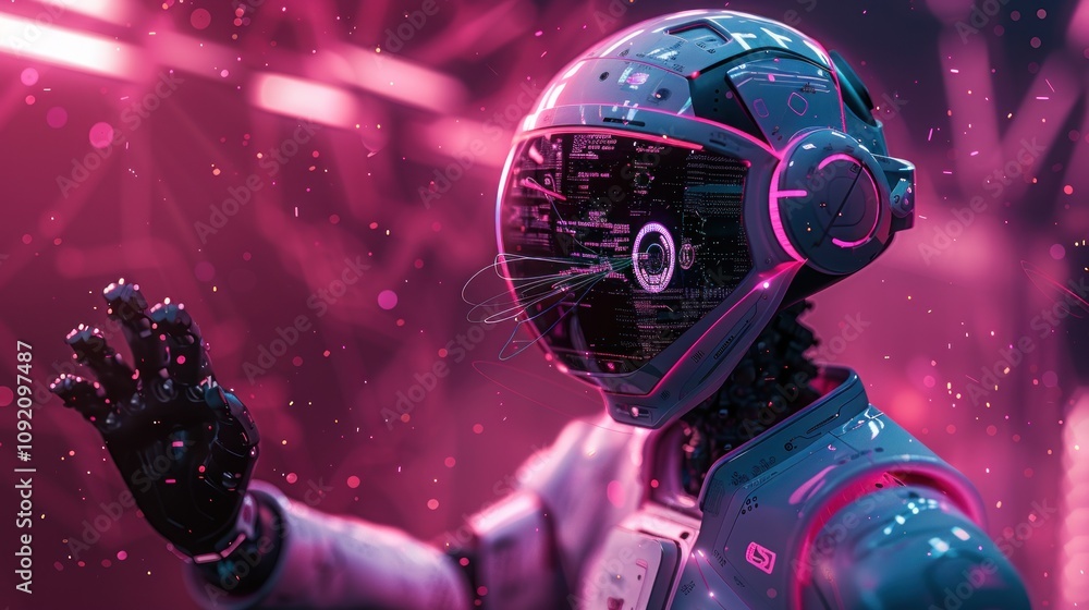 Poster futuristic robot with helmet, digital display, and glowing particles.