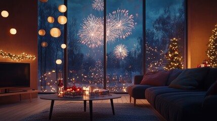 Warm family gathering in a contemporary living room with large windows revealing a dazzling fireworks display outside, creating a joyful environment adorned with holiday decorations.