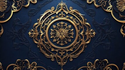Arabic calligraphy with luxurious golden accents, dark blue background, ornate design 
