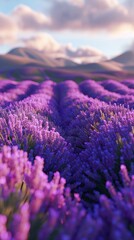 Obraz premium Vibrant purple lavender field, mountains in background, sunlit.