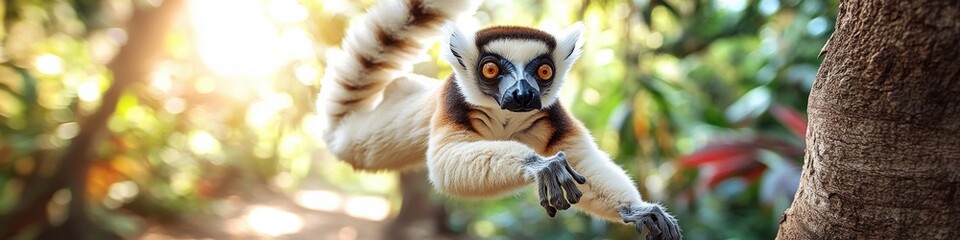 Obraz premium Curious Lemur Swinging in Lush Madagascar Forest, Captured Mid-Leap with Sunlight Filtering Through Trees, Vibrant Wildlife Scene in Natural Habitat