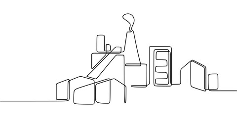 Industrial air pollution with factories emitting smoke in one line drawing. Renewable energy.