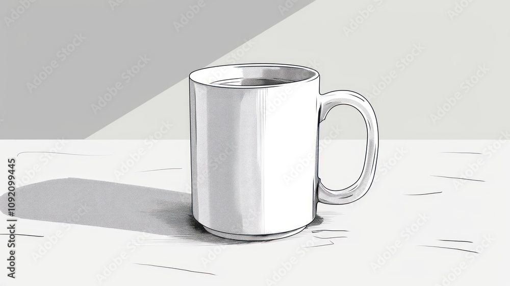 Poster a simple sketch of a white mug filled with liquid, sitting on a table in soft light.