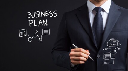 Business plan of market execution concept. A professional in a suit holds a pen, with a "Business Plan" graphic on the blackboard, illustrating strategic concepts and growth.