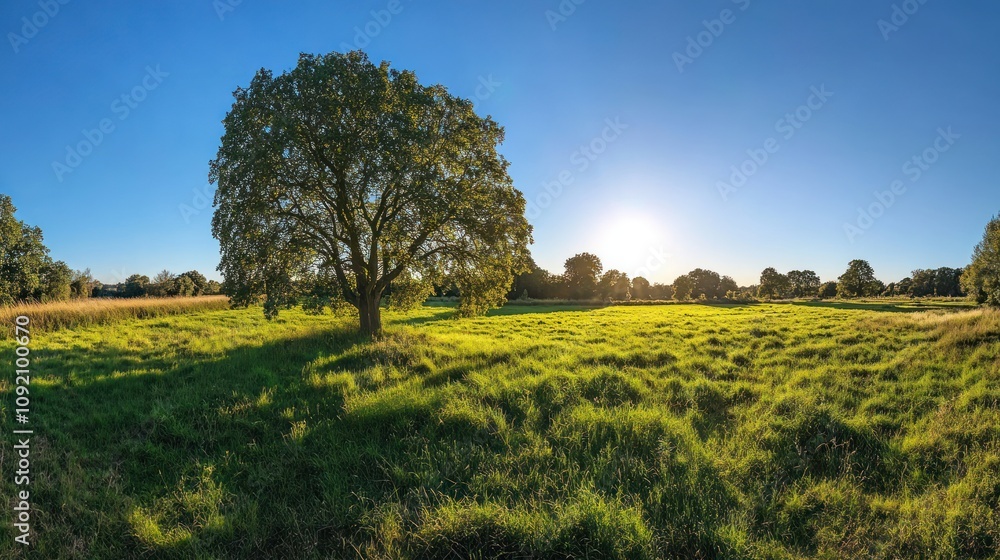 Poster A single tree stands tall in a grassy field with the sun setting in the distance.