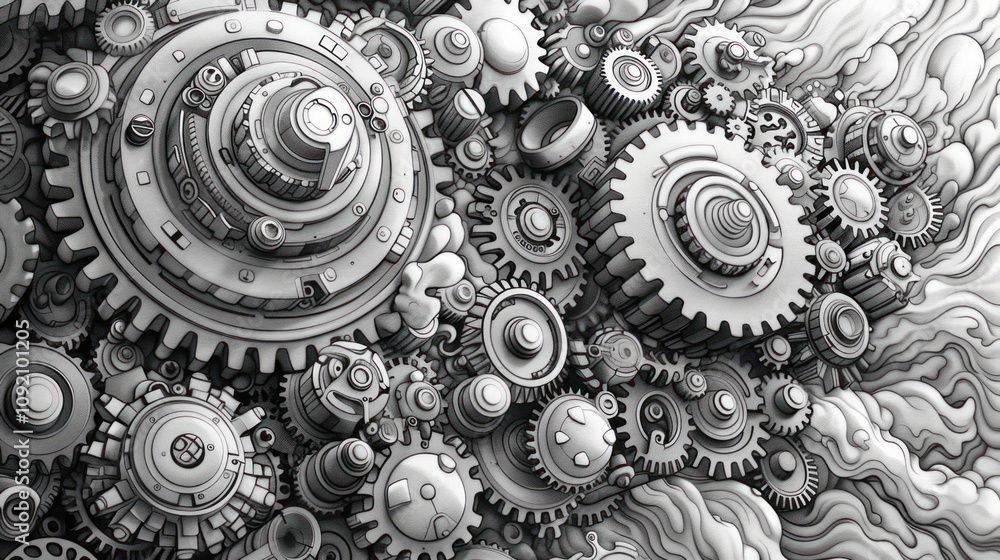 Aufkleber intricate monochrome gears, cogs, and mechanical components interlock in a complex system.
