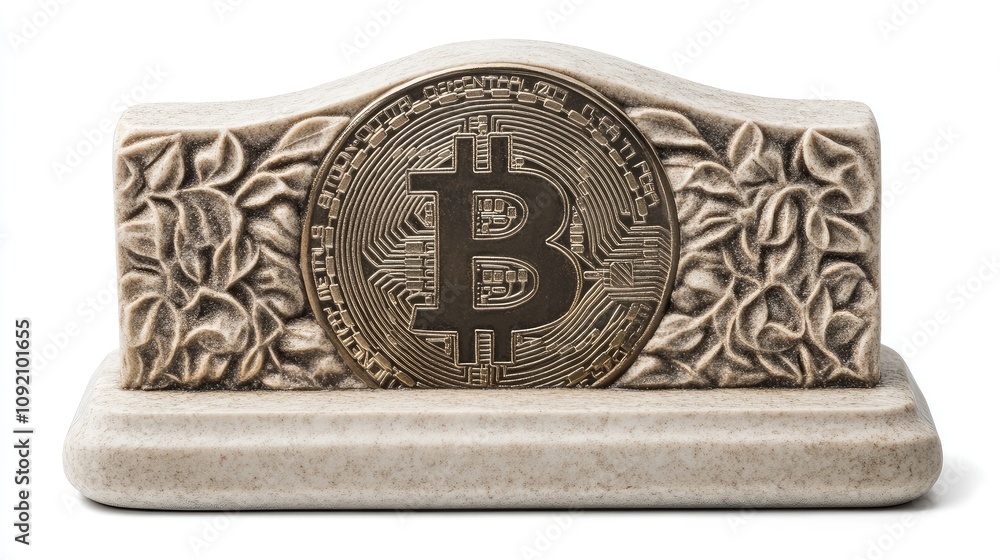 Poster decorative bitcoin symbol on stone base with intricate floral patterns representing cryptocurrency i