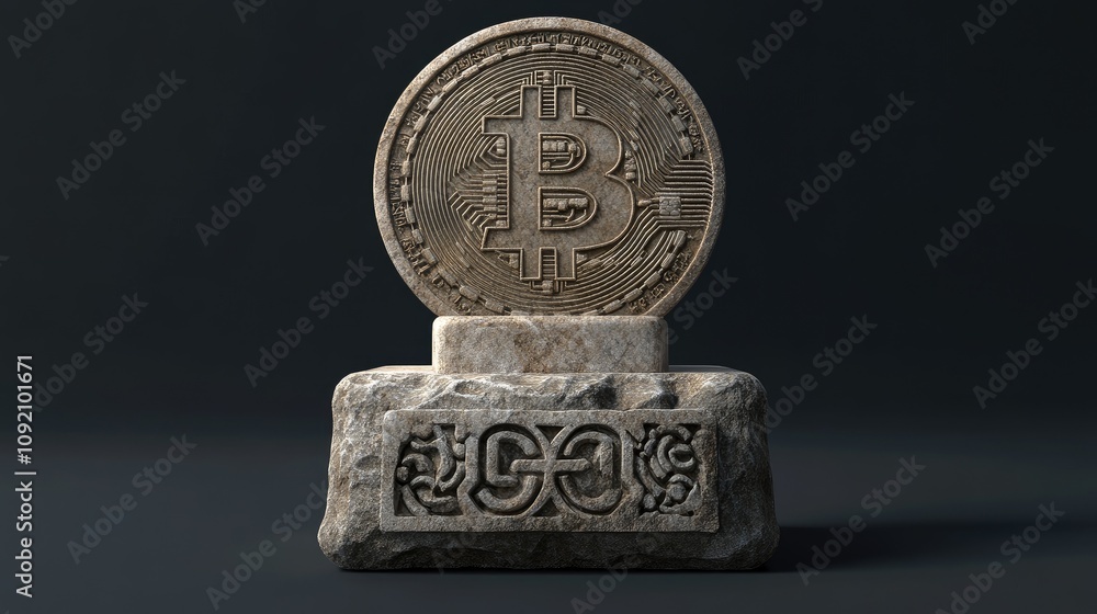 Poster detailed representation of a cryptocurrency coin on stone base with intricate patterns highlighting 
