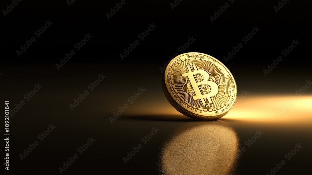 Poster golden bitcoin coin illuminated in soft light on a reflective surface, symbolizing digital currency 