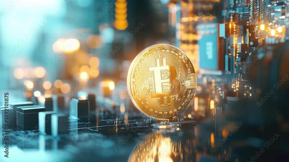 Poster Digital Cryptocurrency Bitcoin Coin on a Futuristic Circuit Board with Dazzling Lights and Mysterious Background Reflecting Technology and Finance Concepts