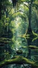 Obraz premium Serene swamp landscape with lush greenery, moss-covered trees, and tranquil water reflecting the forest.
