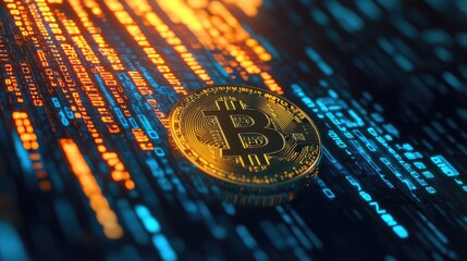 Close-Up View of a Bitcoin Coin on a Digital Matrix Background Showcasing Blockchain Technology and Cryptocurrency Trends in Modern Finance
