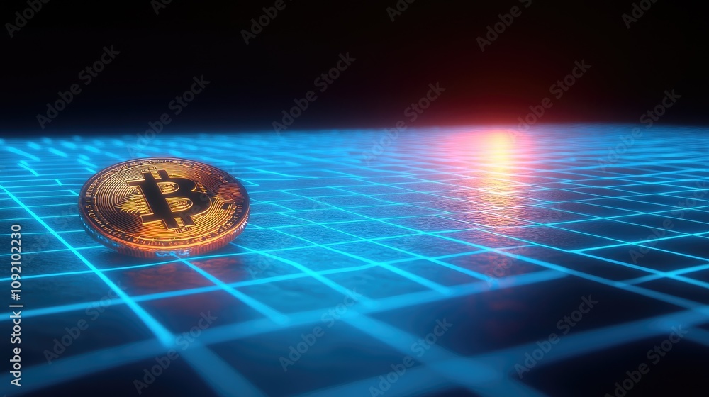 Poster digital bitcoin coin on futuristic grid background with neon glow and reflections, symbolizing crypt