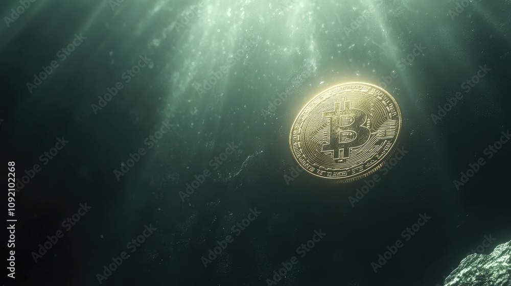Poster golden bitcoin floating in dark underwater depths with rays of light illuminating the surrounding sp