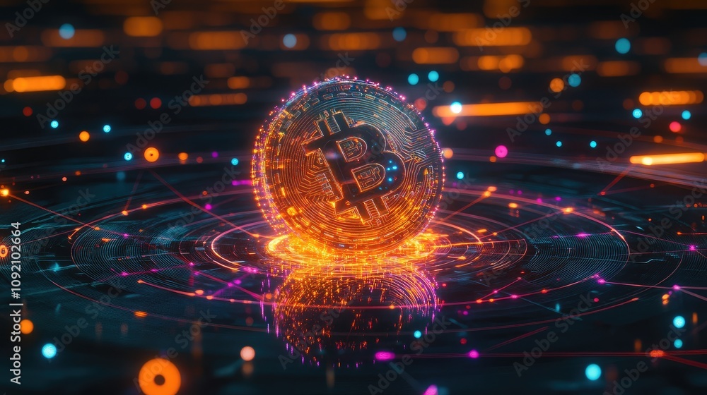 Poster a stunning 3d representation of bitcoin in a digital space with vibrant colors and futuristic effect
