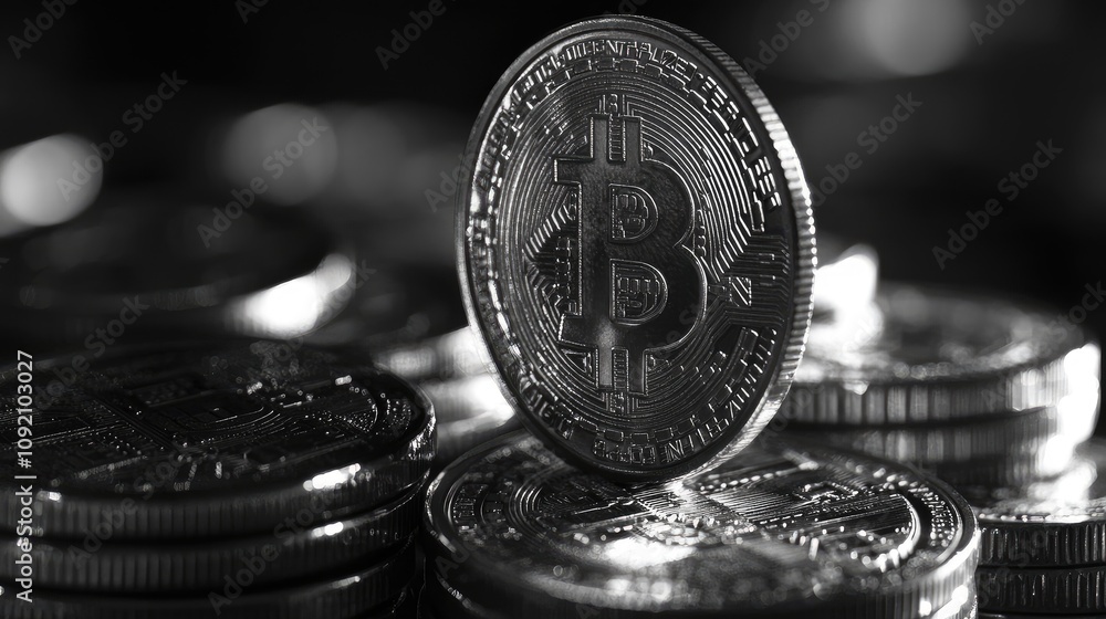 Poster close-up view of silver bitcoin coin surrounded by stack of monochrome coins representing digital cu