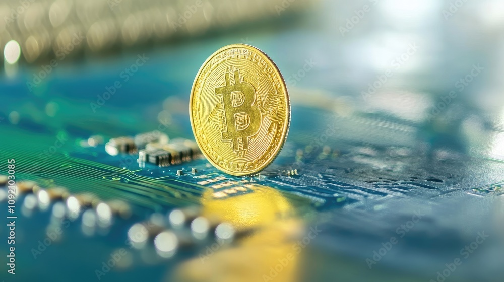 Aufkleber golden bitcoin coin standing on a circuit board with bright digital interface in the background, rep