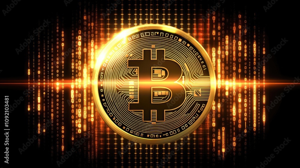 Poster golden bitcoin coin surrounded by digital data and light effects symbolizing cryptocurrency and the 