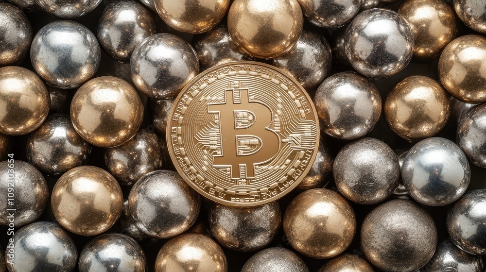 Poster golden bitcoin surrounded by metallic spheres representing digital currency and modern finance trend