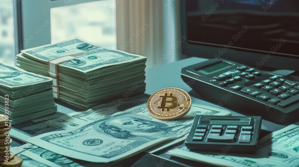 Poster a close-up view of money and bitcoin on a desk with a calculator, representing the intersection of t