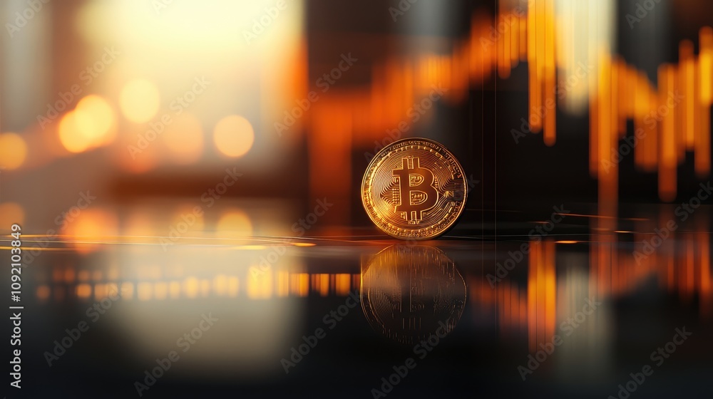 Poster close-up of a bitcoin coin on a reflective surface with blurred graph lines and fluctuating financia