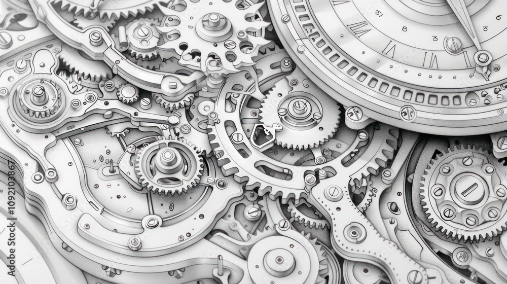 Poster close-up of intricate clockwork mechanism, gears and cogs interlocked.
