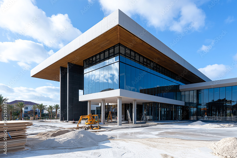 Aufkleber modern construction site with large glass building under clear blue sky, featuring cranes and constr