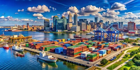 Captivating Panoramic View of the Port of Baltimore, Maryland Showcasing Ships, Cargo, and the City Skyline Under a Clear Blue Sky