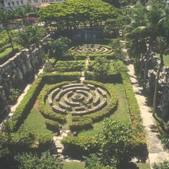 Naklejka premium Aerial view of a lush garden maze surrounded by stone walls and palm trees.