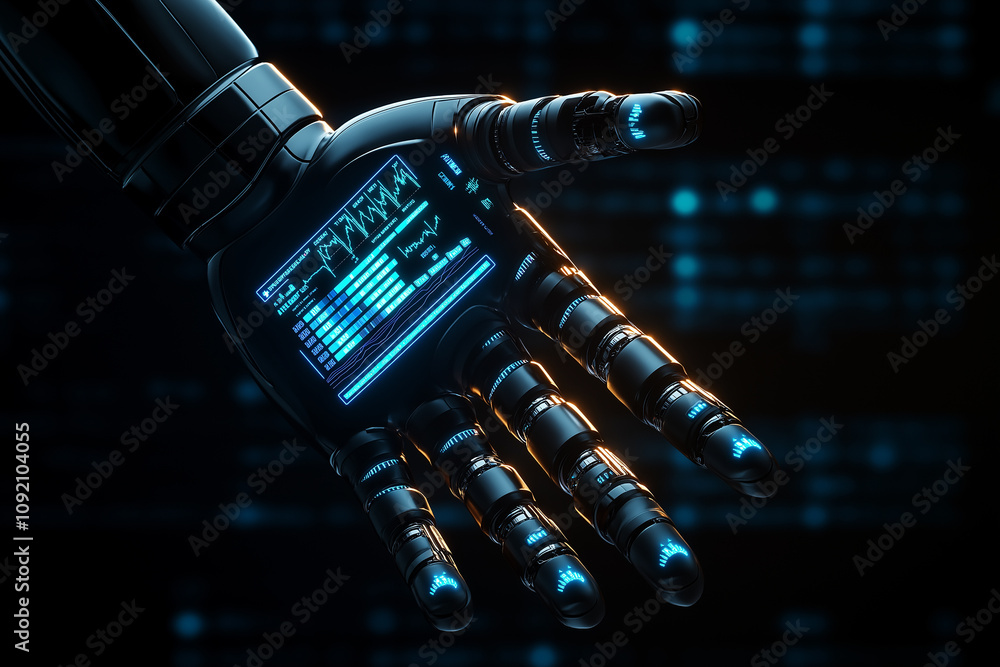 Poster Robot hand showing hologram data on futuristic background