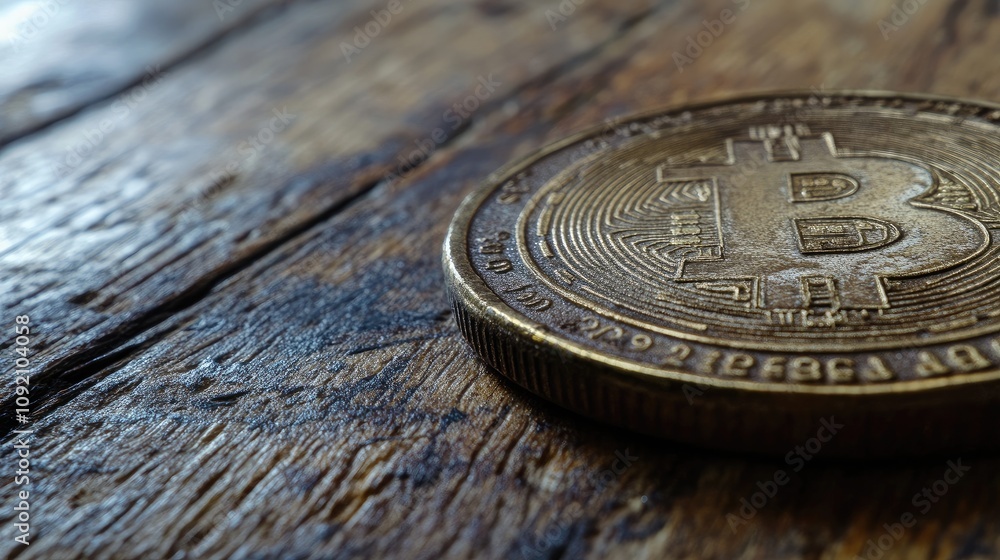 Poster close-up of a bitcoin coin resting on a rustic wooden surface, highlighting digital currency and mod