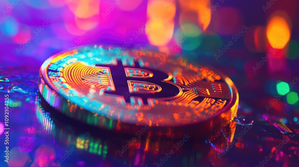 Poster colorful bitcoin cryptocurrency coin with glowing lights on a digital background representing blockc