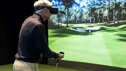 Senior man playing virtual reality golf