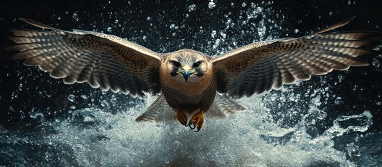 Fototapeta premium A hawk with powerful wings flies through the air with water splashing around it.