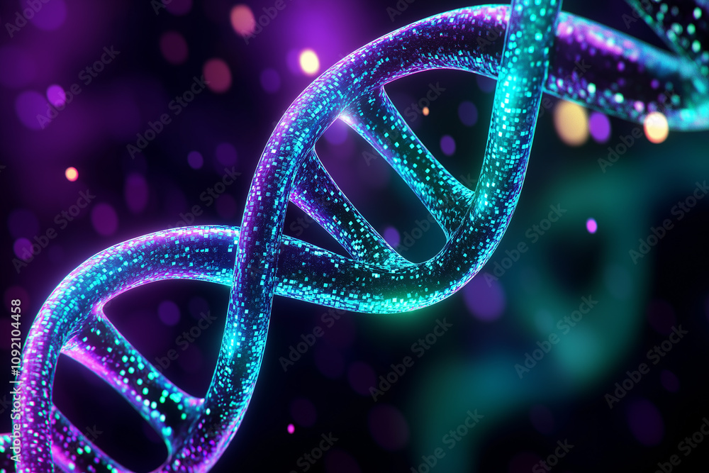 Poster Glowing dna helix rotating on dark background with bokeh effect