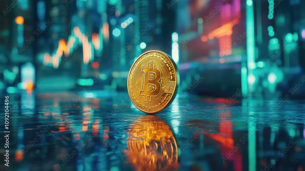 Poster close-up of a golden bitcoin on a reflective surface with blurred digital stock market background an