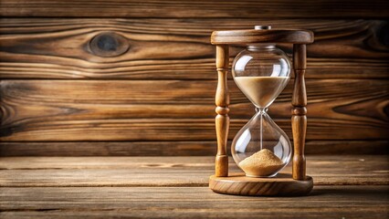 Wooden hourglass with flowing sand on table