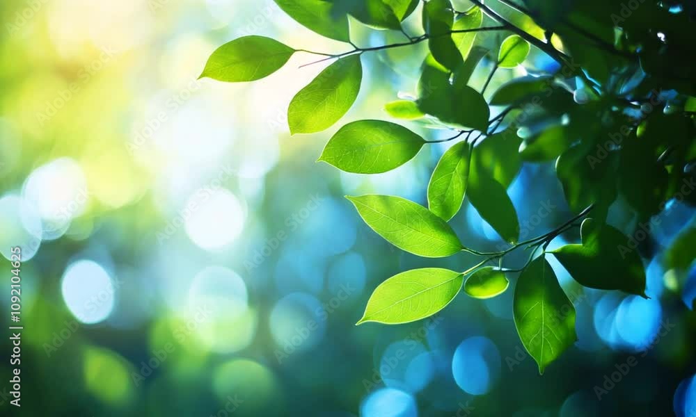 Poster serene nature scene with summer sunlight filtering through lush green leaves : generative ai