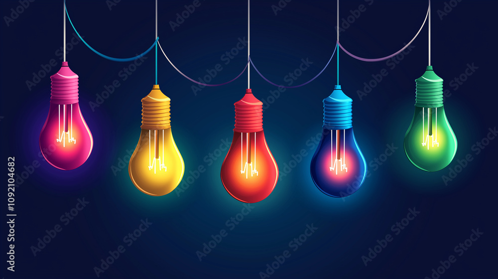 Poster five colorful light bulbs hanging on a string, lighting up the dark