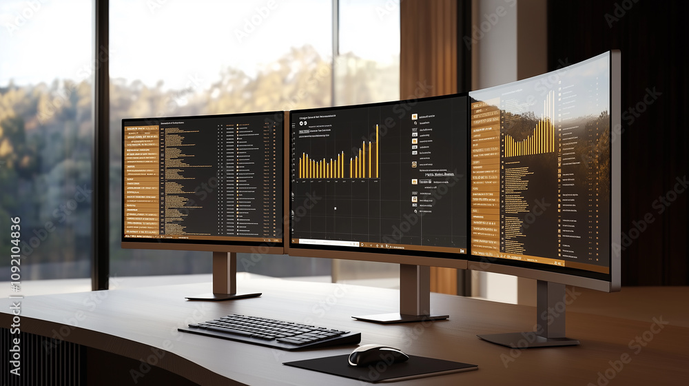 Poster Modern workplace setup showing financial data and code on multiple monitors
